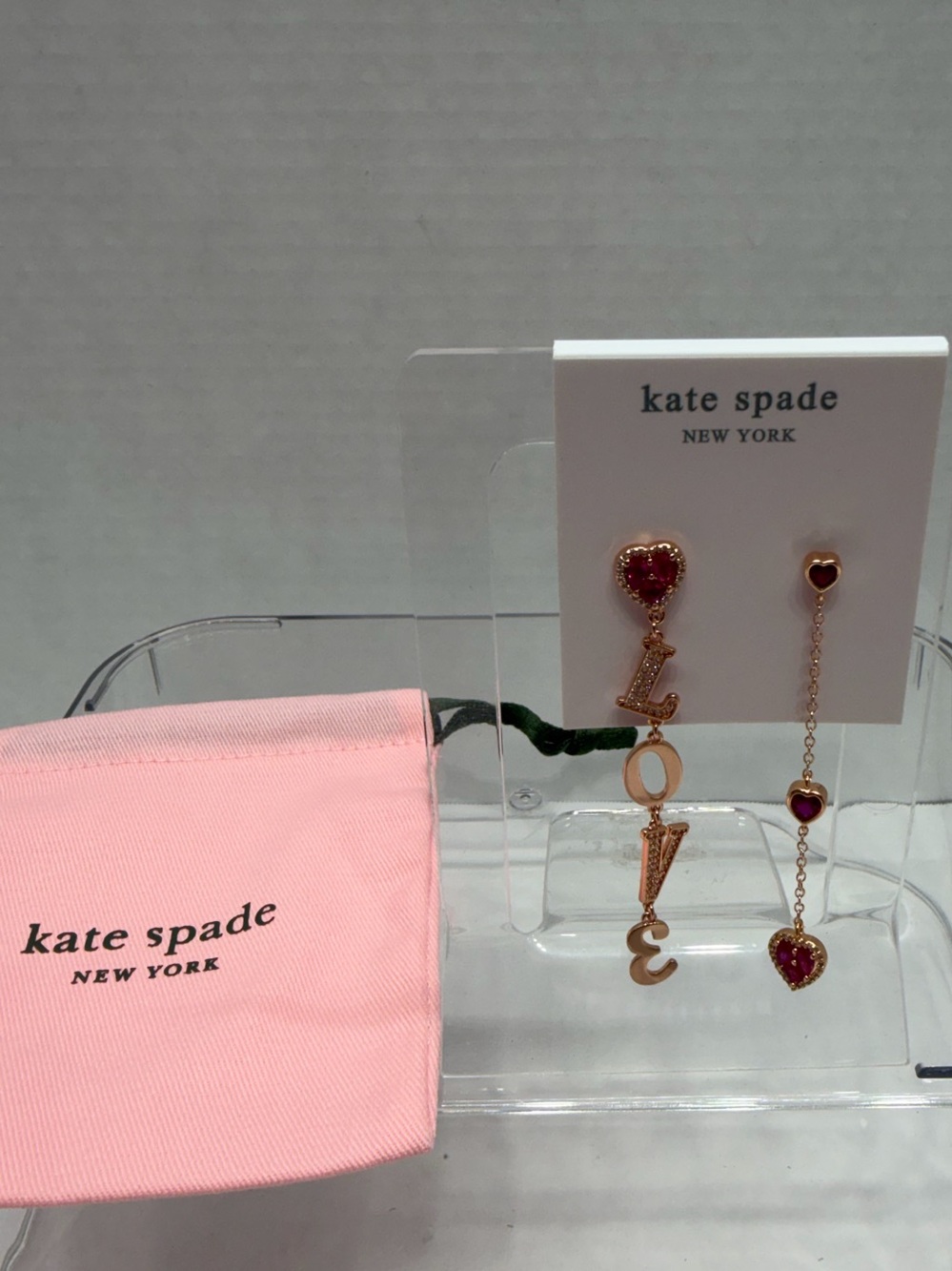 kate spade Rose Gold-Tone Pink Heart Asymmetric LOVE Drop Earrings NWT